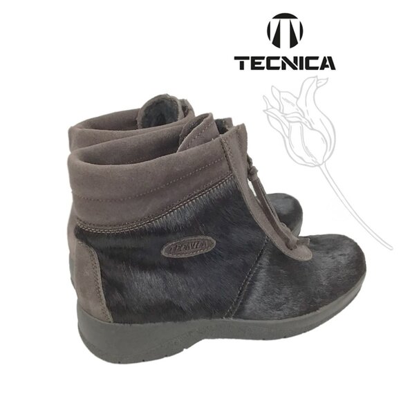 Tecnica Brown Pony Hair Fur Front Zip Closure Shearling Lined Ankle Boots NWOT - Picture 3 of 14